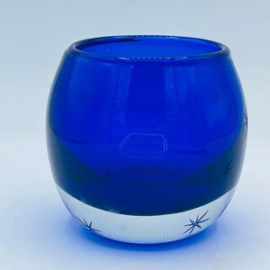 Crate & Barrel Cobalt Blue Starburst Votive Etched Star Glass Holder Poland